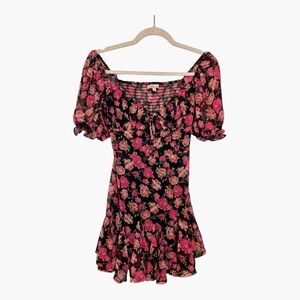 Frille Rose Black Pink Rose Print Smocked Puff Sleeve Mini Dress Small